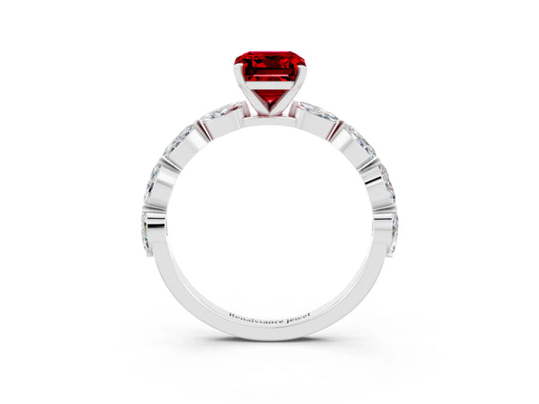 White gold Emerald Cut Ruby Ring with Marquise Side Stones and Prong Setting