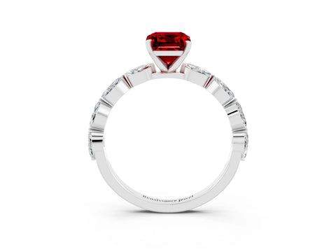 White gold Emerald Cut Ruby Ring with Marquise Side Stones and Prong Setting_3