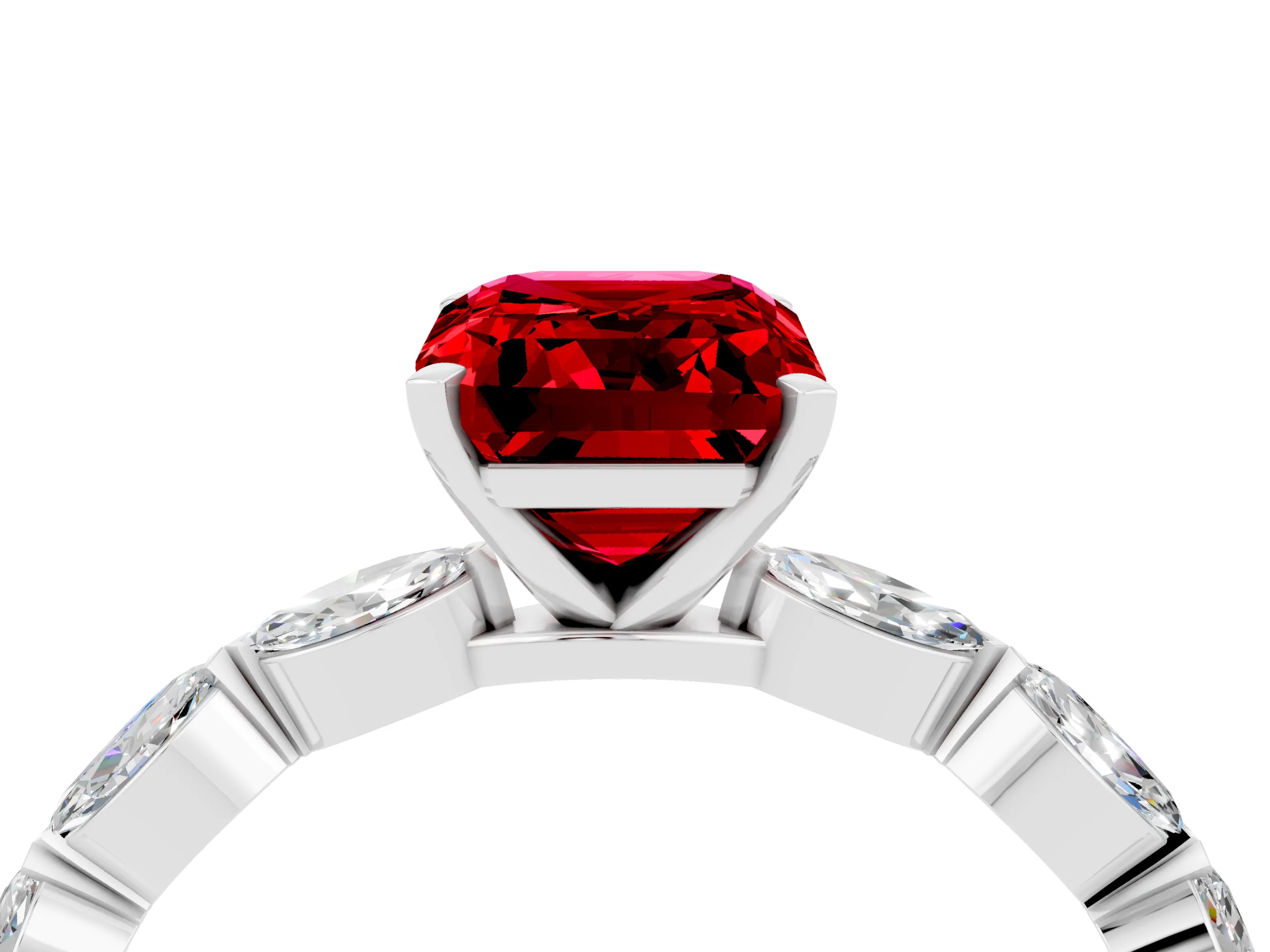 White gold Emerald Cut Ruby Ring with Marquise Side Stones and Prong Setting_4