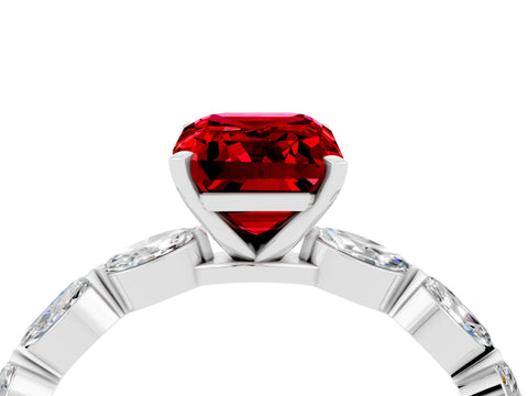 White gold Emerald Cut Ruby Ring with Marquise Side Stones and Prong Setting_4