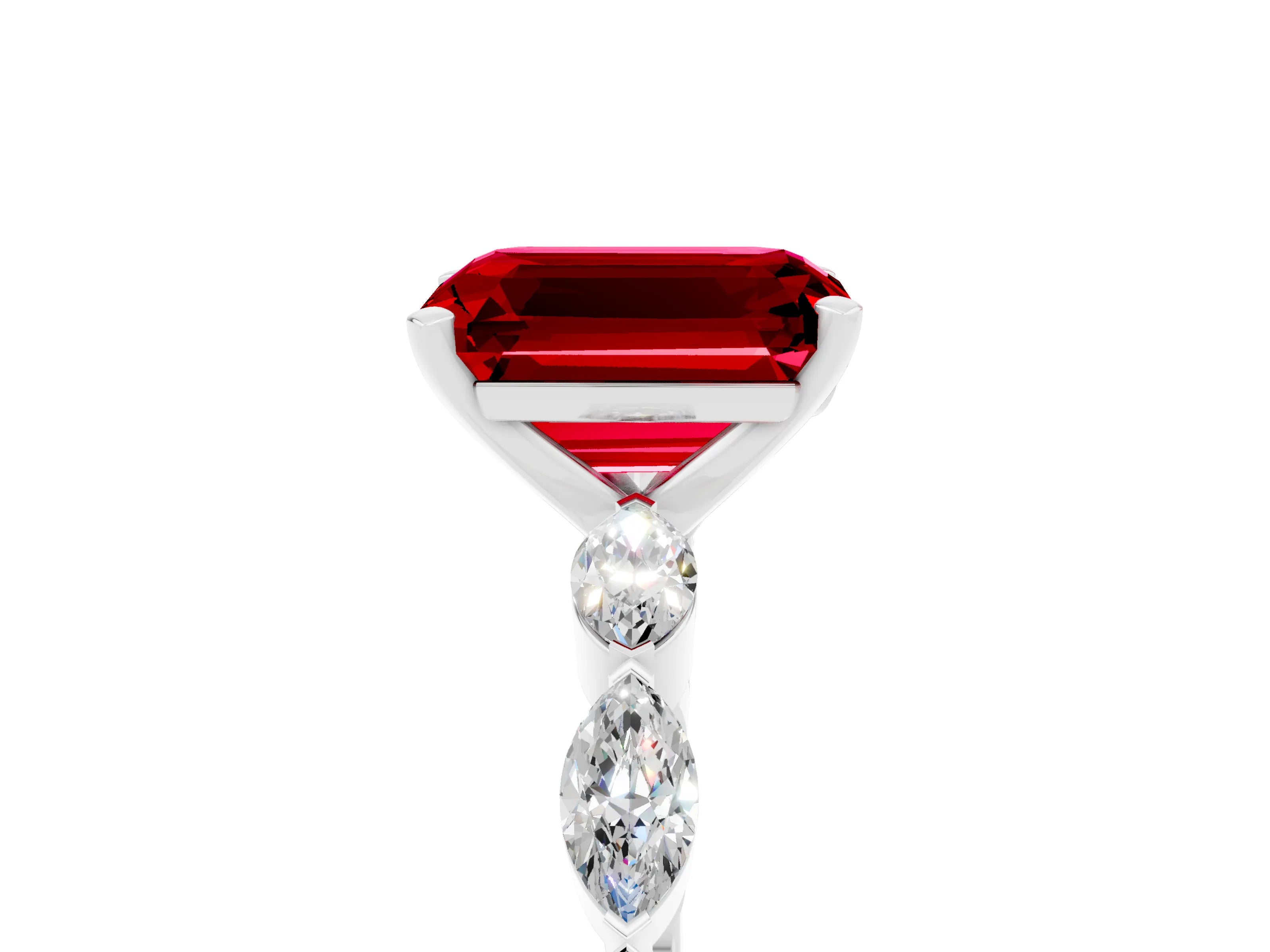 White gold Emerald Cut Ruby Ring with Marquise Side Stones and Prong Setting_5