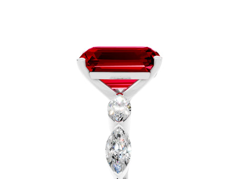 White gold Emerald Cut Ruby Ring with Marquise Side Stones and Prong Setting_5