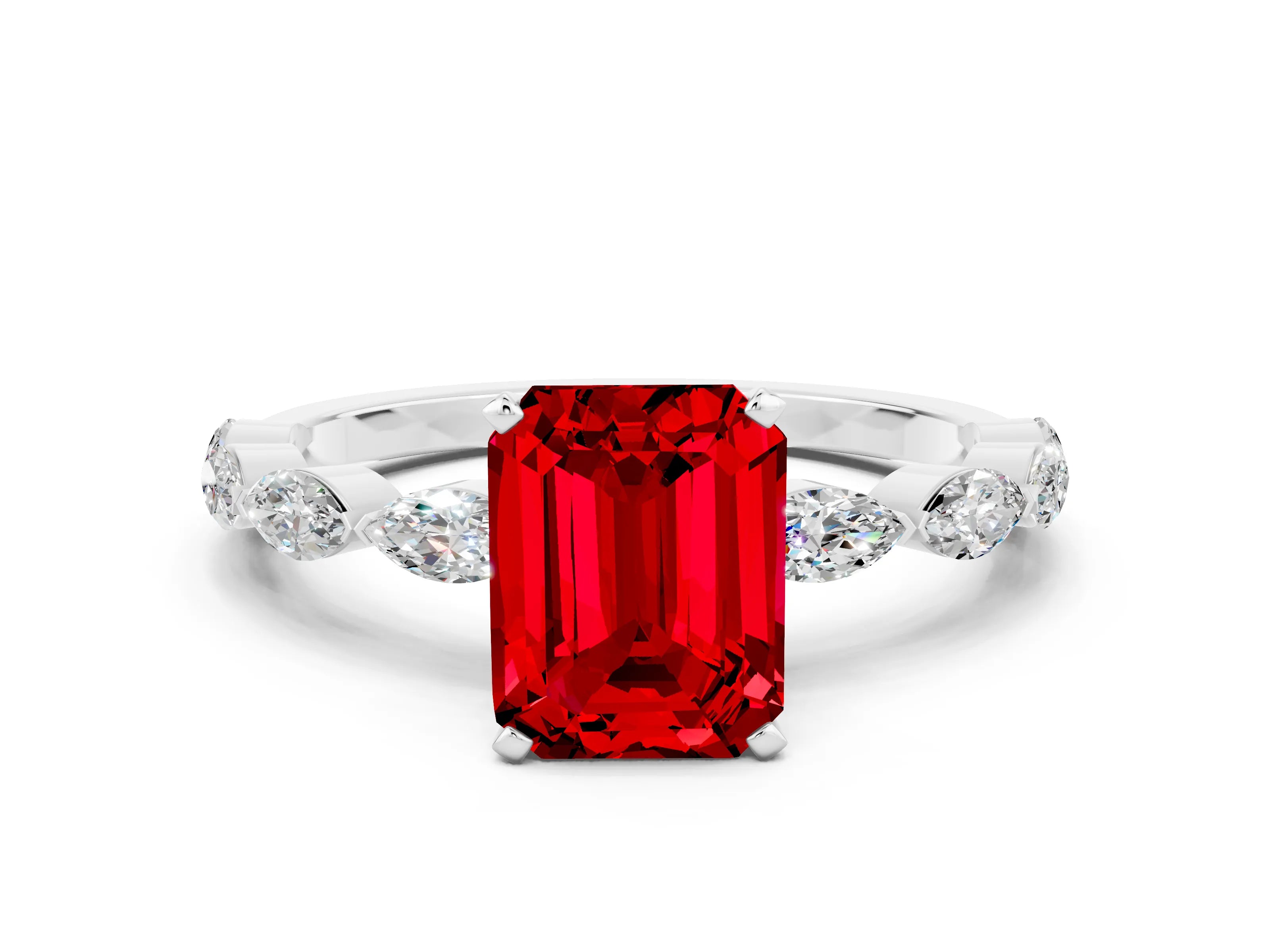 White gold Emerald Cut Ruby Ring with Marquise Side Stones and Prong Setting