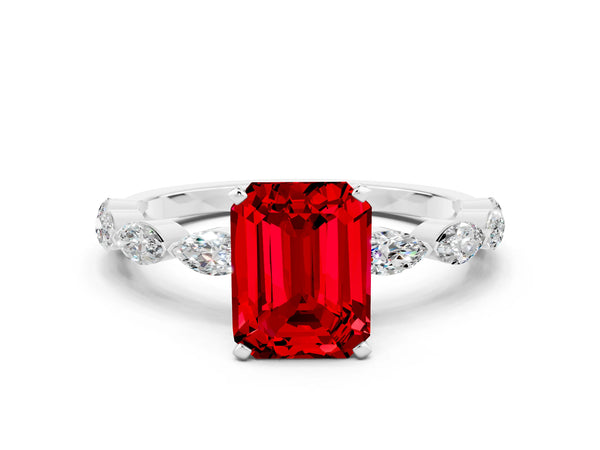 Silver Emerald Cut Ruby Ring with Marquise Side Stones and Prong Setting