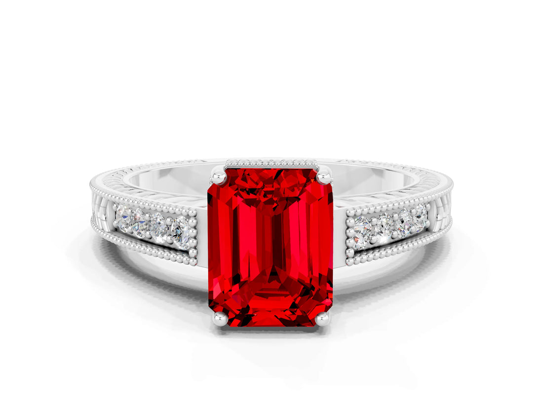 White gold Emerald Cut Ruby Ring with Milgrain Pavé Band and Four-Prong Setting_12