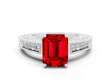 White gold Emerald Cut Ruby Ring with Milgrain Pavé Band and Four-Prong Setting_12