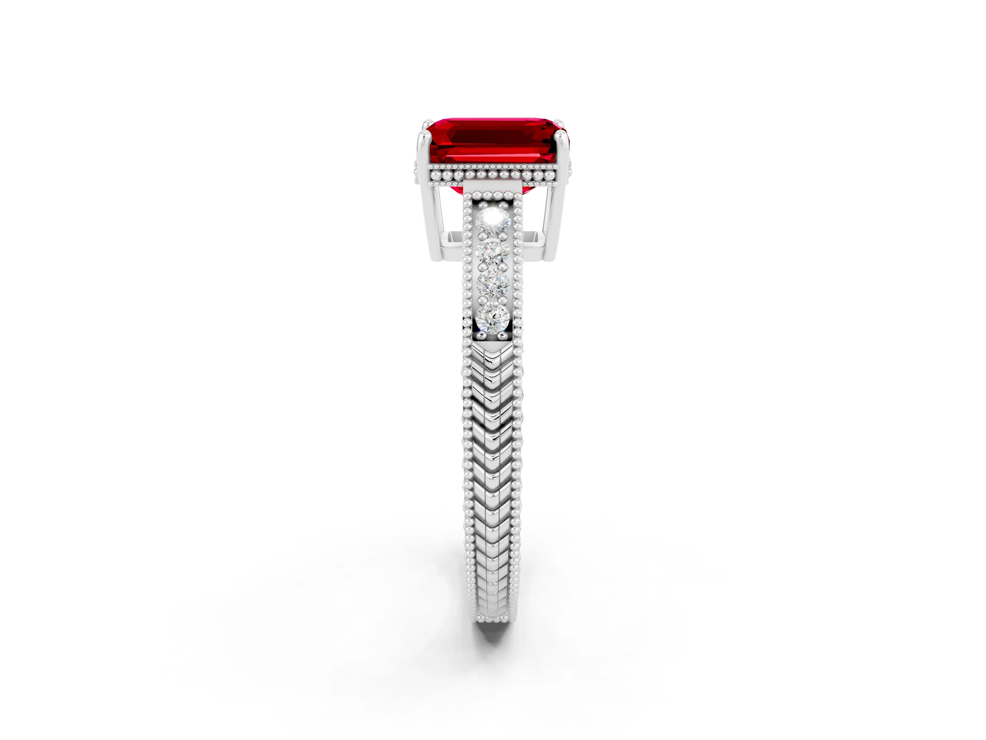 White gold Emerald Cut Ruby Ring with Milgrain Pavé Band and Four-Prong Setting_14