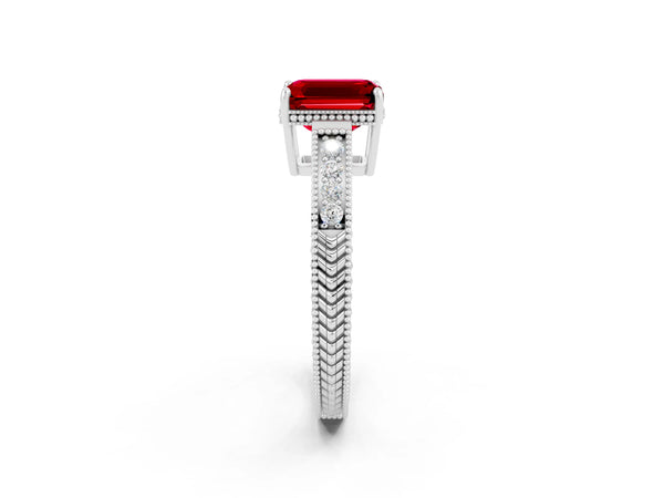 White gold Emerald Cut Ruby Ring with Milgrain Pavé Band and Four-Prong Setting