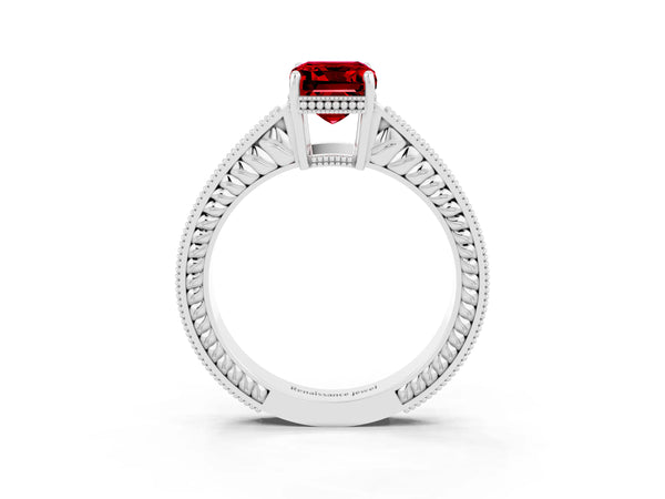 Silver Emerald Cut Ruby Ring with Milgrain Pavé Band and Four-Prong Setting