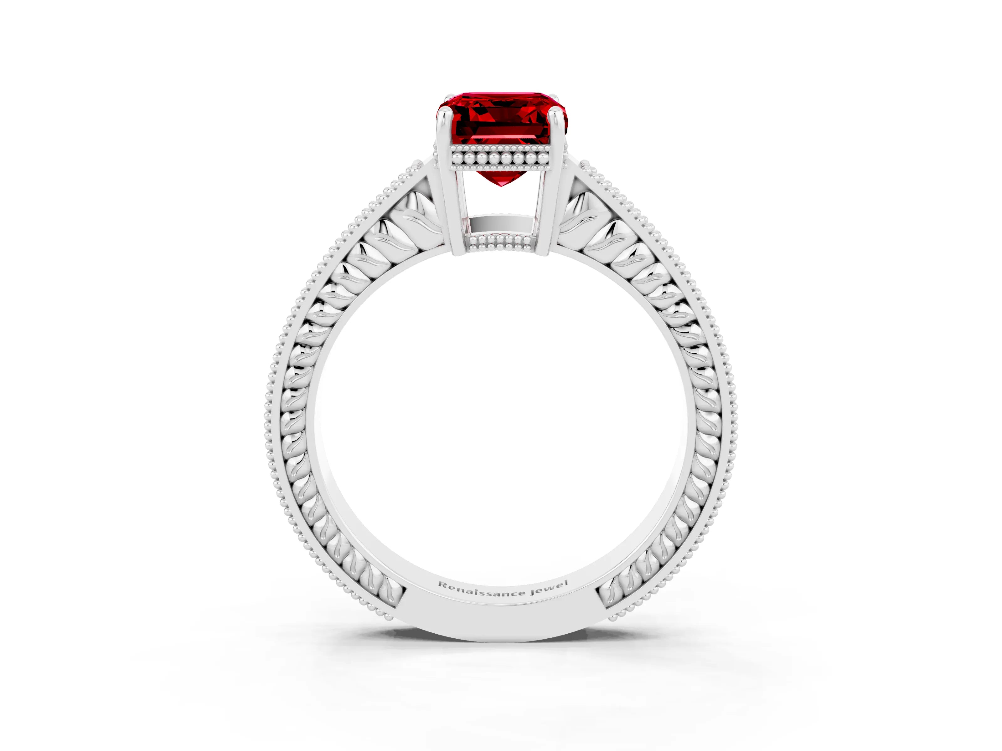 White gold Emerald Cut Ruby Ring with Milgrain Pavé Band and Four-Prong Setting_15