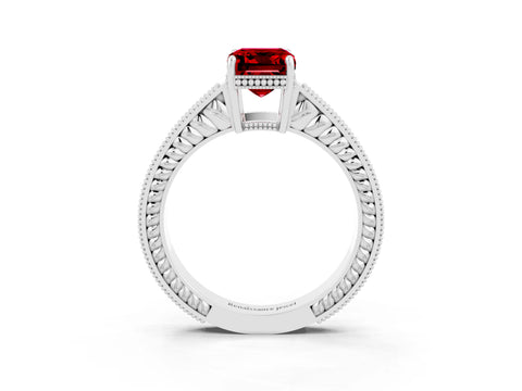 White gold Emerald Cut Ruby Ring with Milgrain Pavé Band and Four-Prong Setting_15