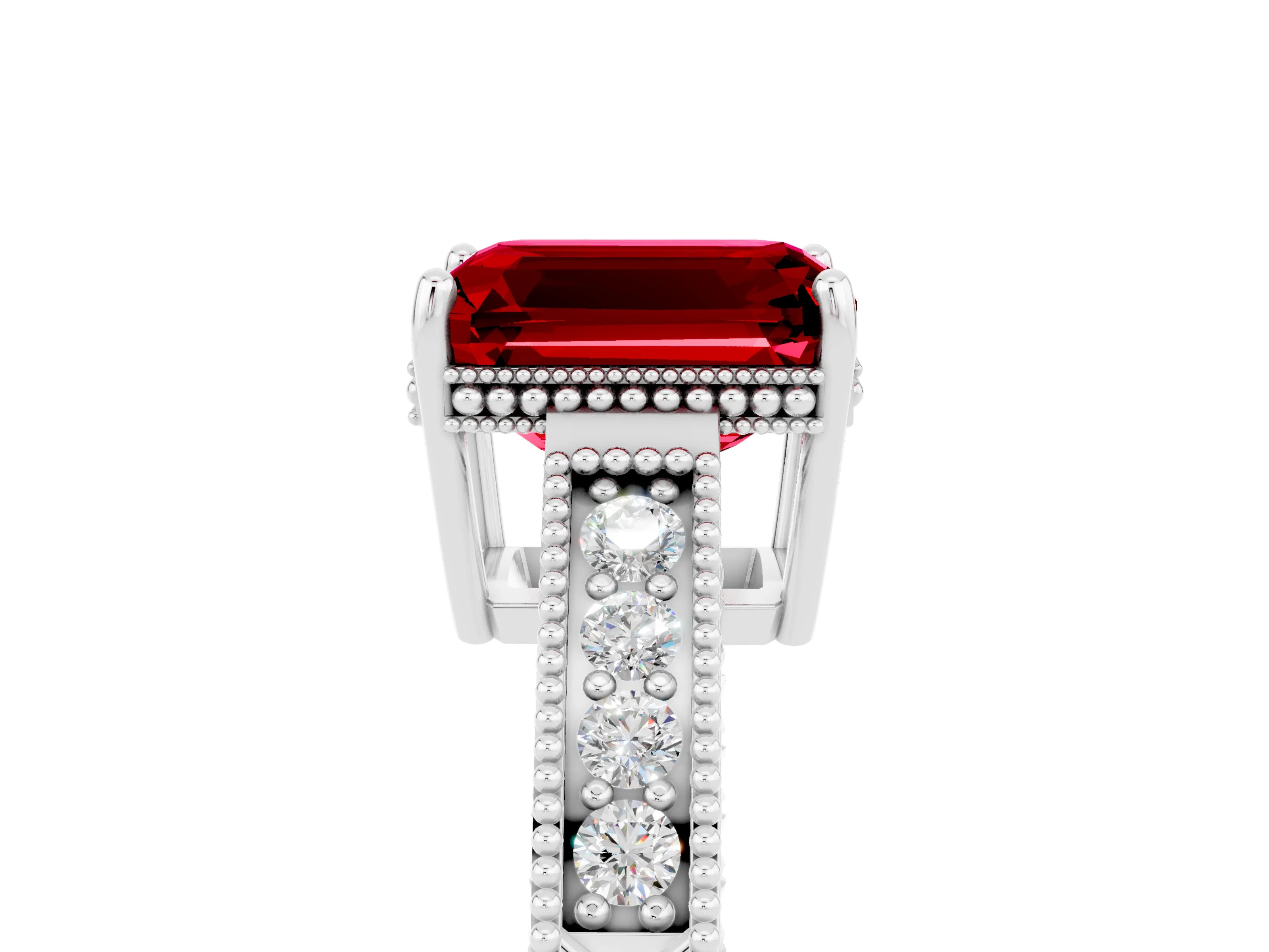 White gold Emerald Cut Ruby Ring with Milgrain Pavé Band and Four-Prong Setting_17