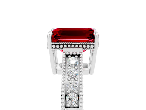 White gold Emerald Cut Ruby Ring with Milgrain Pavé Band and Four-Prong Setting_17
