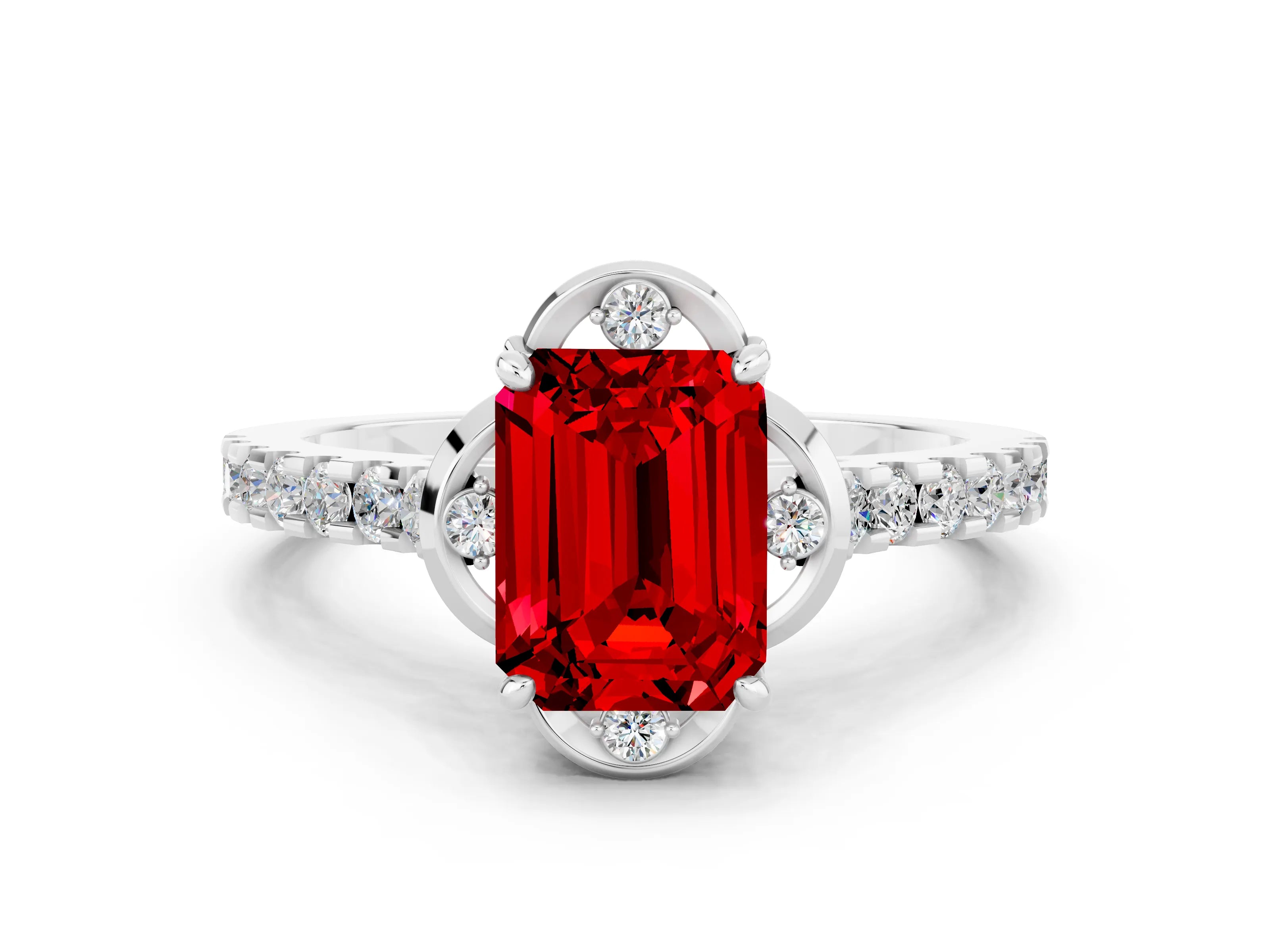 White gold Emerald Cut Ruby Ring with Pavé Band and Floral Prong Setting