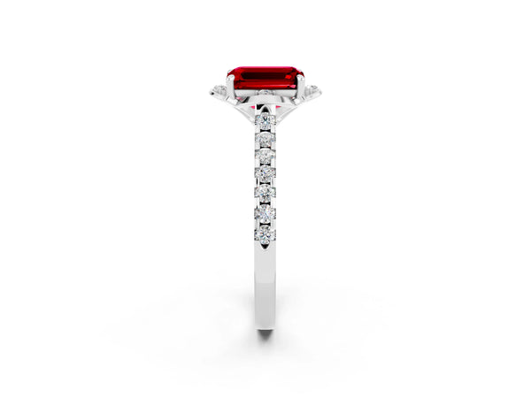 Platinum Emerald Cut Ruby Ring with Pavé Band and Floral Prong Setting