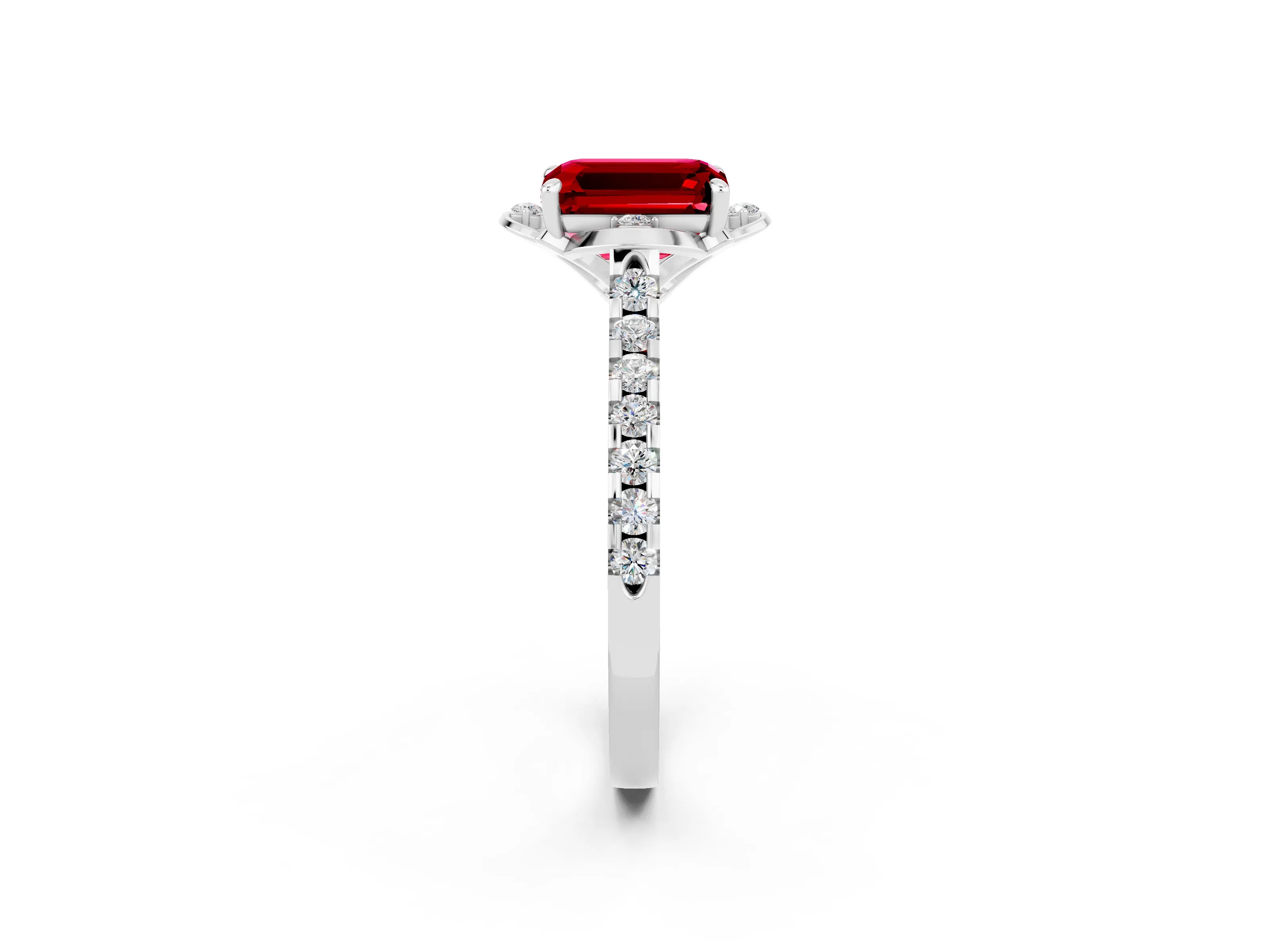 White gold Emerald Cut Ruby Ring with Pavé Band and Floral Prong Setting_2