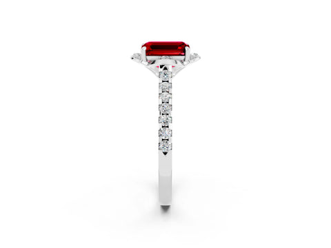White gold Emerald Cut Ruby Ring with Pavé Band and Floral Prong Setting_2