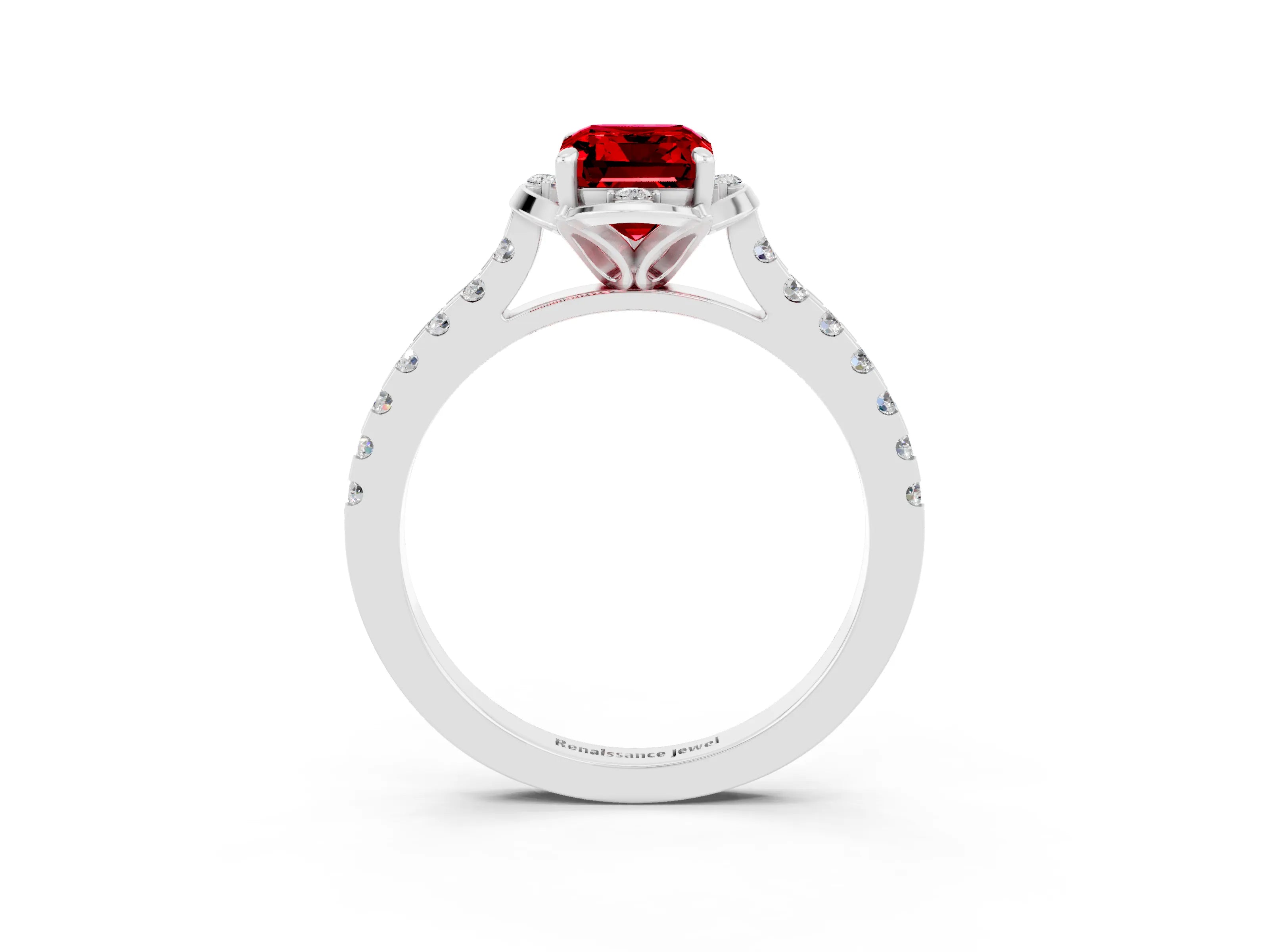 White gold Emerald Cut Ruby Ring with Pavé Band and Floral Prong Setting_3