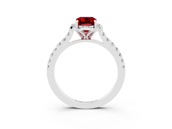 Platinum Emerald Cut Ruby Ring with Pavé Band and Floral Prong Setting