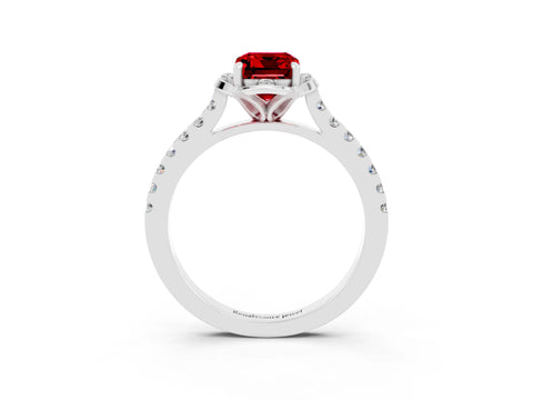 White gold Emerald Cut Ruby Ring with Pavé Band and Floral Prong Setting_3