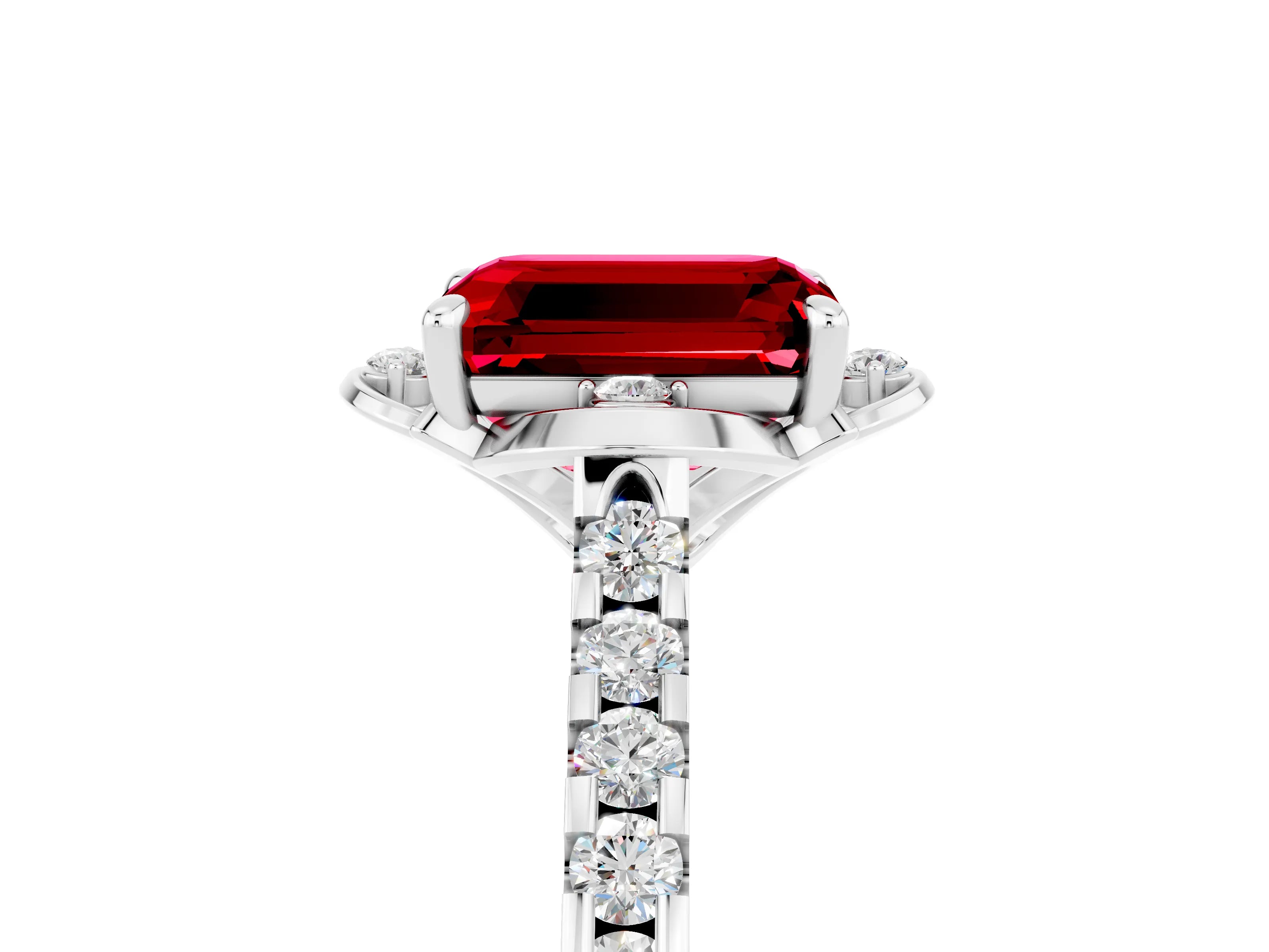 White gold Emerald Cut Ruby Ring with Pavé Band and Floral Prong Setting_5