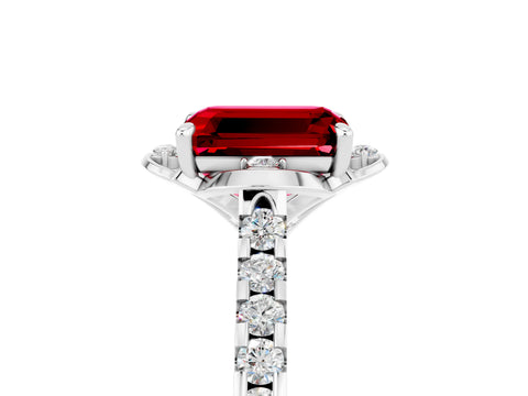 White gold Emerald Cut Ruby Ring with Pavé Band and Floral Prong Setting_5