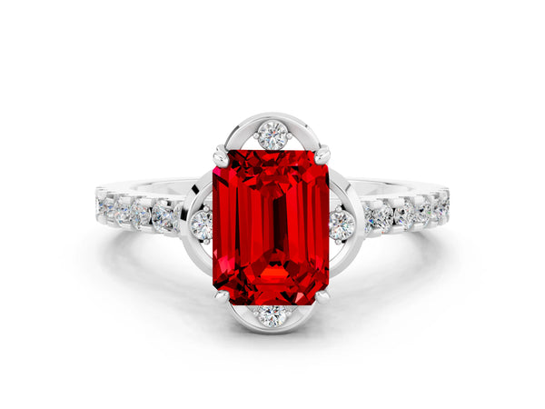 Silver Emerald Cut Ruby Ring with Pavé Band and Floral Prong Setting
