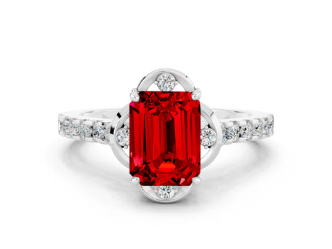 White gold Emerald Cut Ruby Ring with Pavé Band and Floral Prong Setting