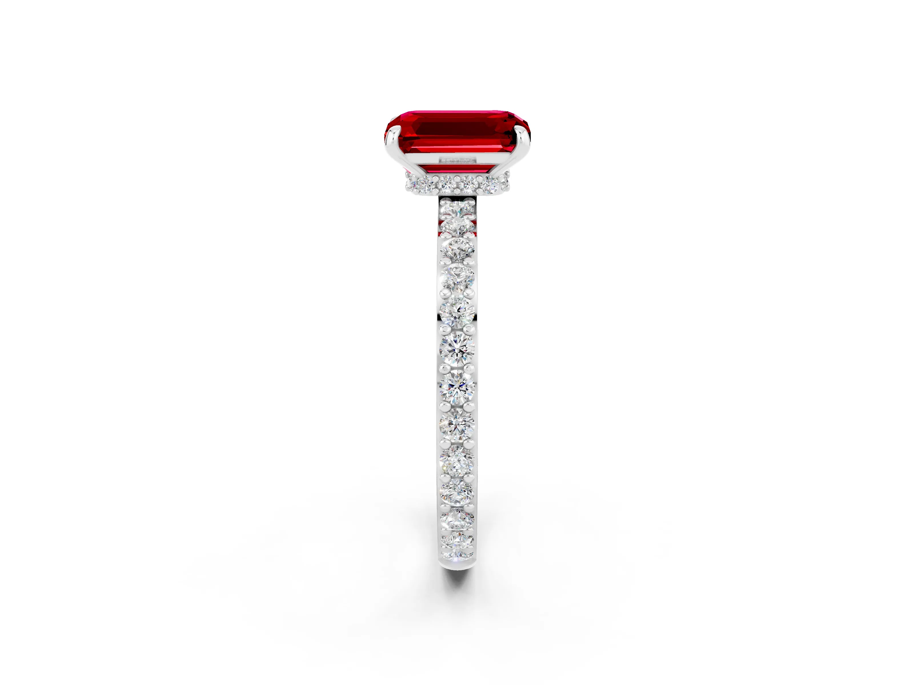 White gold Emerald Cut Ruby Ring with Pavé Band and Four-Prong Setting_2