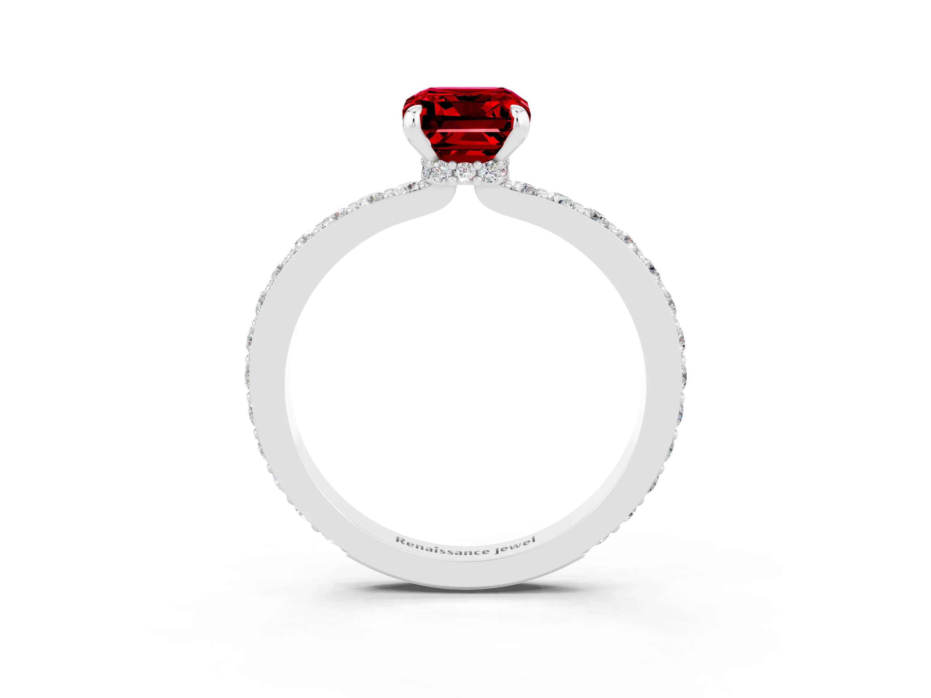 White gold Emerald Cut Ruby Ring with Pavé Band and Four-Prong Setting_3