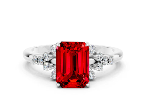 White gold Emerald Cut Ruby Ring with Side Stones and Four-Prong Setting_36