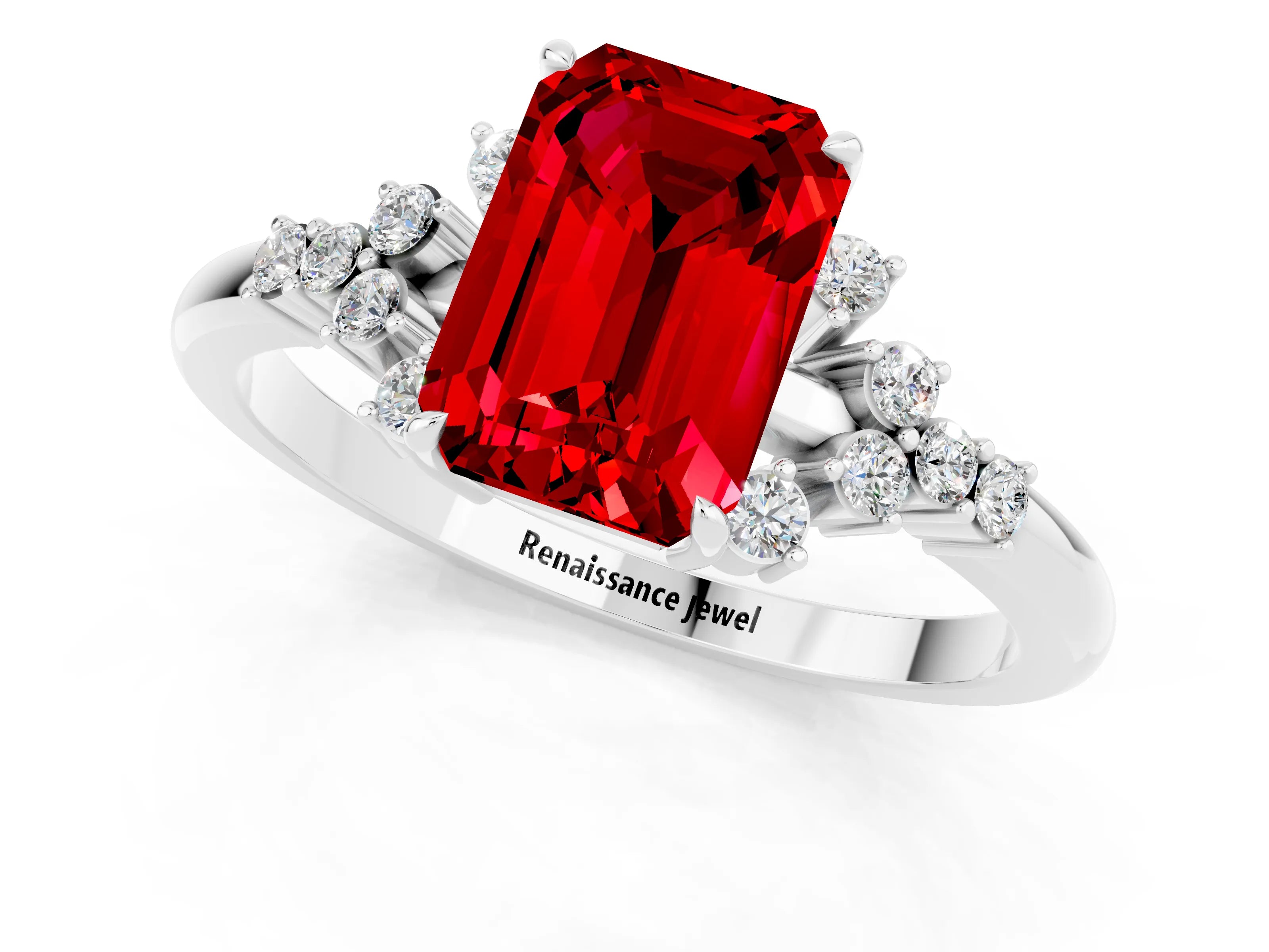 White gold Emerald Cut Ruby Ring with Side Stones and Four-Prong Setting_37
