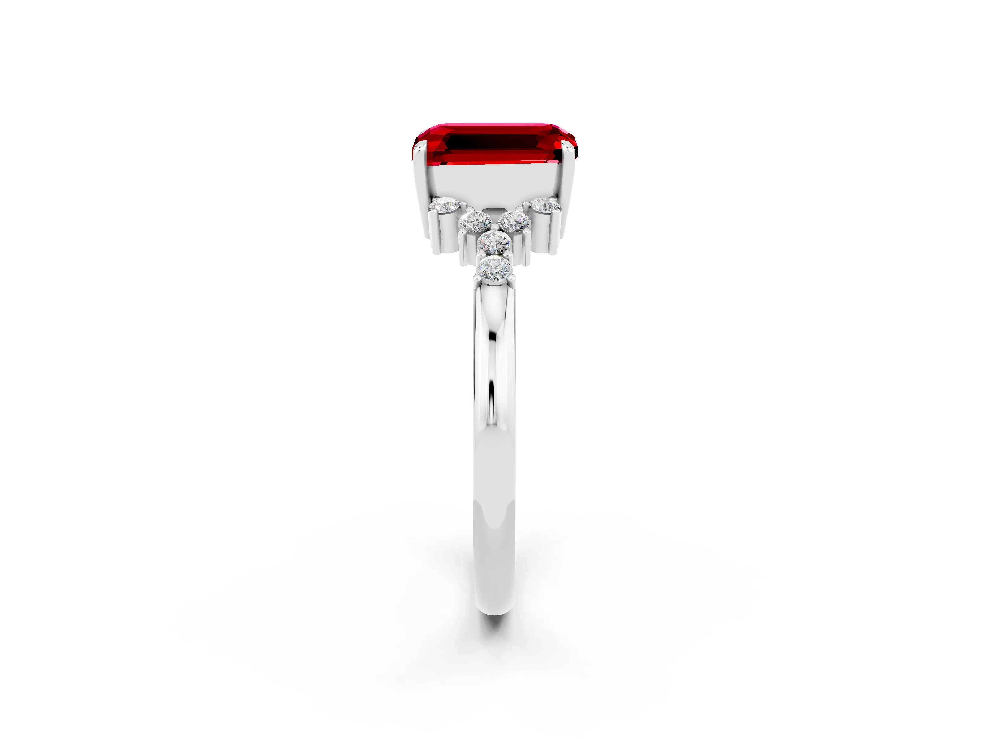 White gold Emerald Cut Ruby Ring with Side Stones and Four-Prong Setting_38