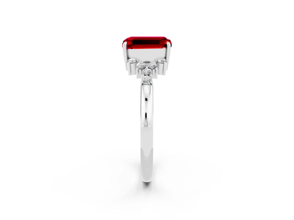 White gold Emerald Cut Ruby Ring with Side Stones and Four-Prong Setting