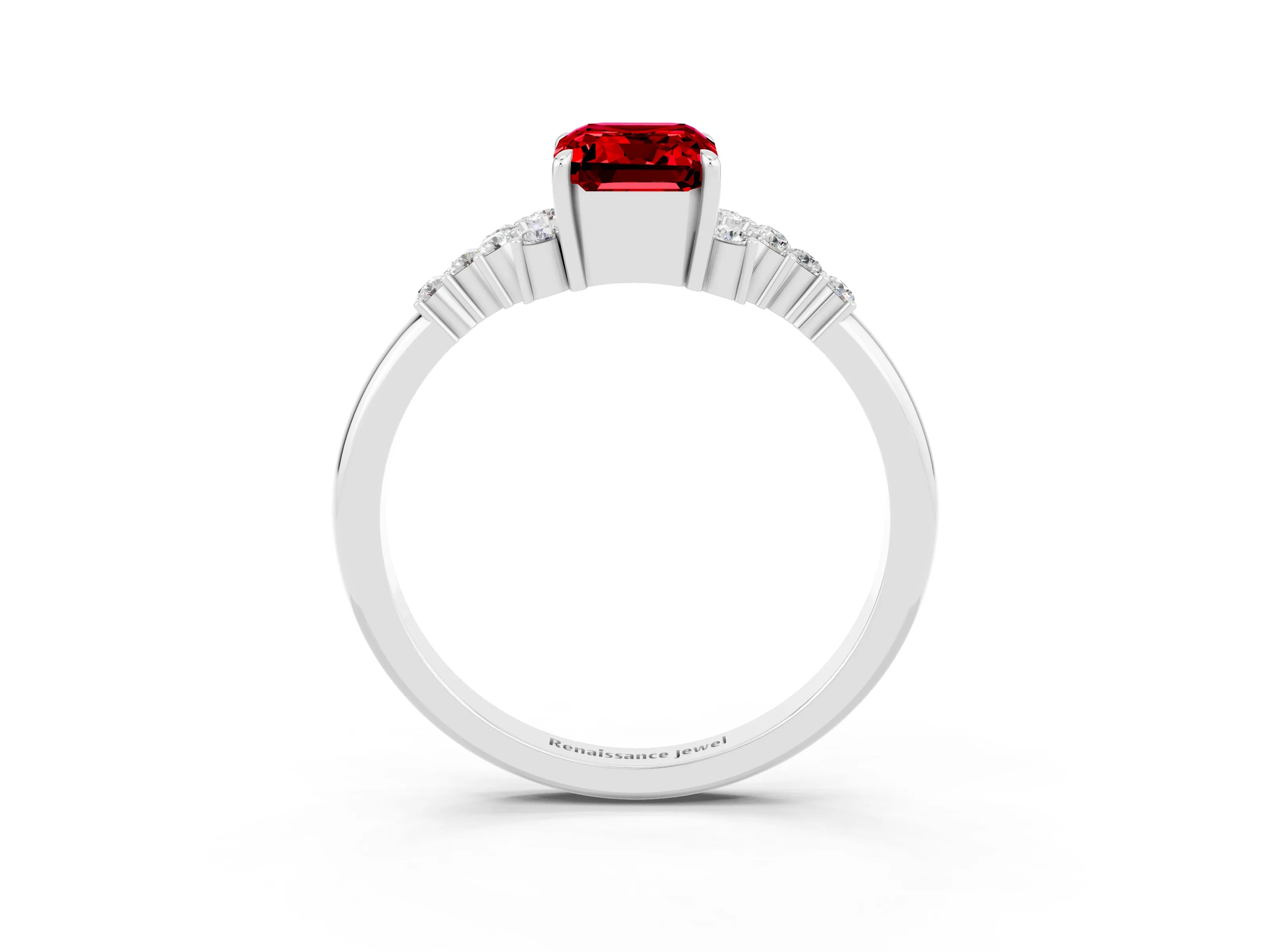 White gold Emerald Cut Ruby Ring with Side Stones and Four-Prong Setting_39