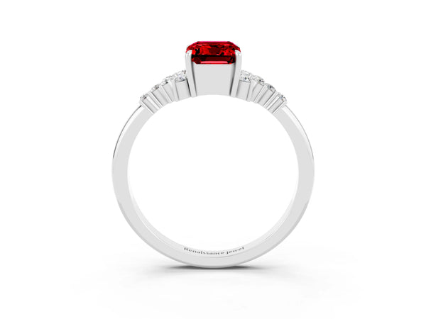 Silver Emerald Cut Ruby Ring with Side Stones and Four-Prong Setting