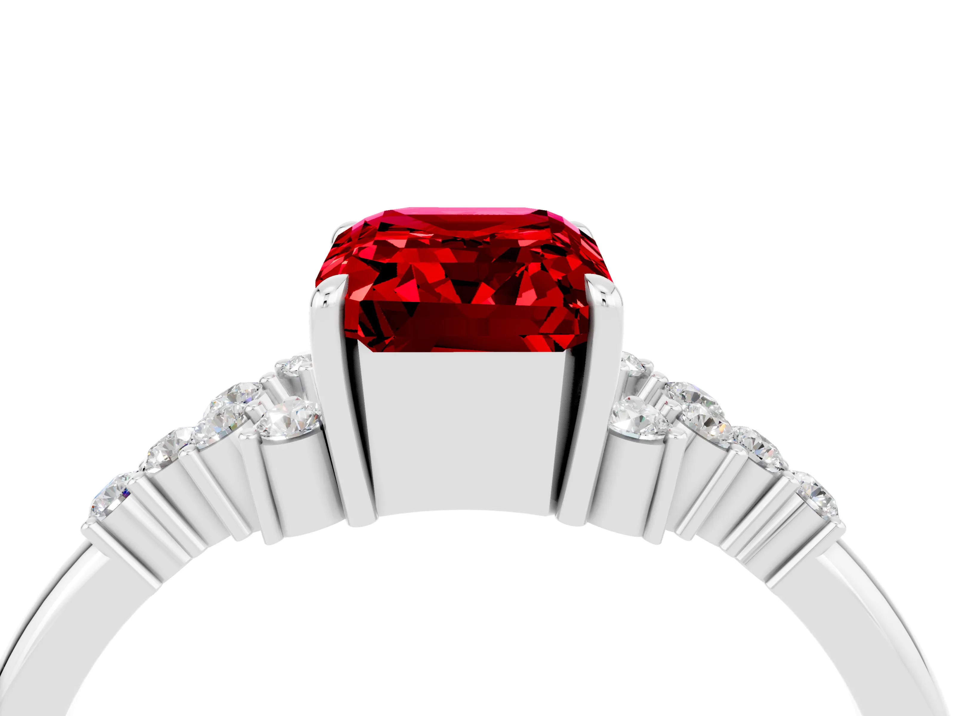 White gold Emerald Cut Ruby Ring with Side Stones and Four-Prong Setting_40