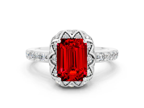 Platinum Emerald Cut Ruby Scalloped Halo Engagement Ring with Round Shared Prong Band