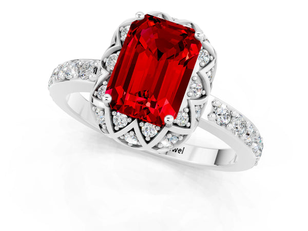 Silver Emerald Cut Ruby Scalloped Halo Engagement Ring with Round Shared Prong Band