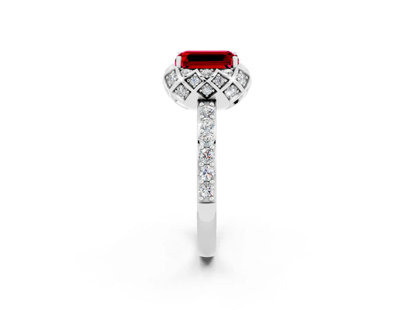 Silver Emerald Cut Ruby Scalloped Halo Engagement Ring with Round Shared Prong Band