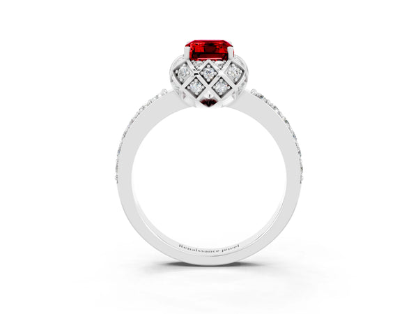 Platinum Emerald Cut Ruby Scalloped Halo Engagement Ring with Round Shared Prong Band