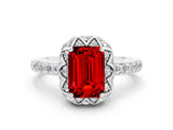 White gold Emerald Cut Ruby Scalloped Halo Engagement Ring with Round Shared Prong Band_24