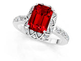 White gold Emerald Cut Ruby Scalloped Halo Engagement Ring with Round Shared Prong Band_25