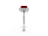 White gold Emerald Cut Ruby Scalloped Halo Engagement Ring with Round Shared Prong Band_26