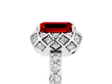 White gold Emerald Cut Ruby Scalloped Halo Engagement Ring with Round Shared Prong Band_29
