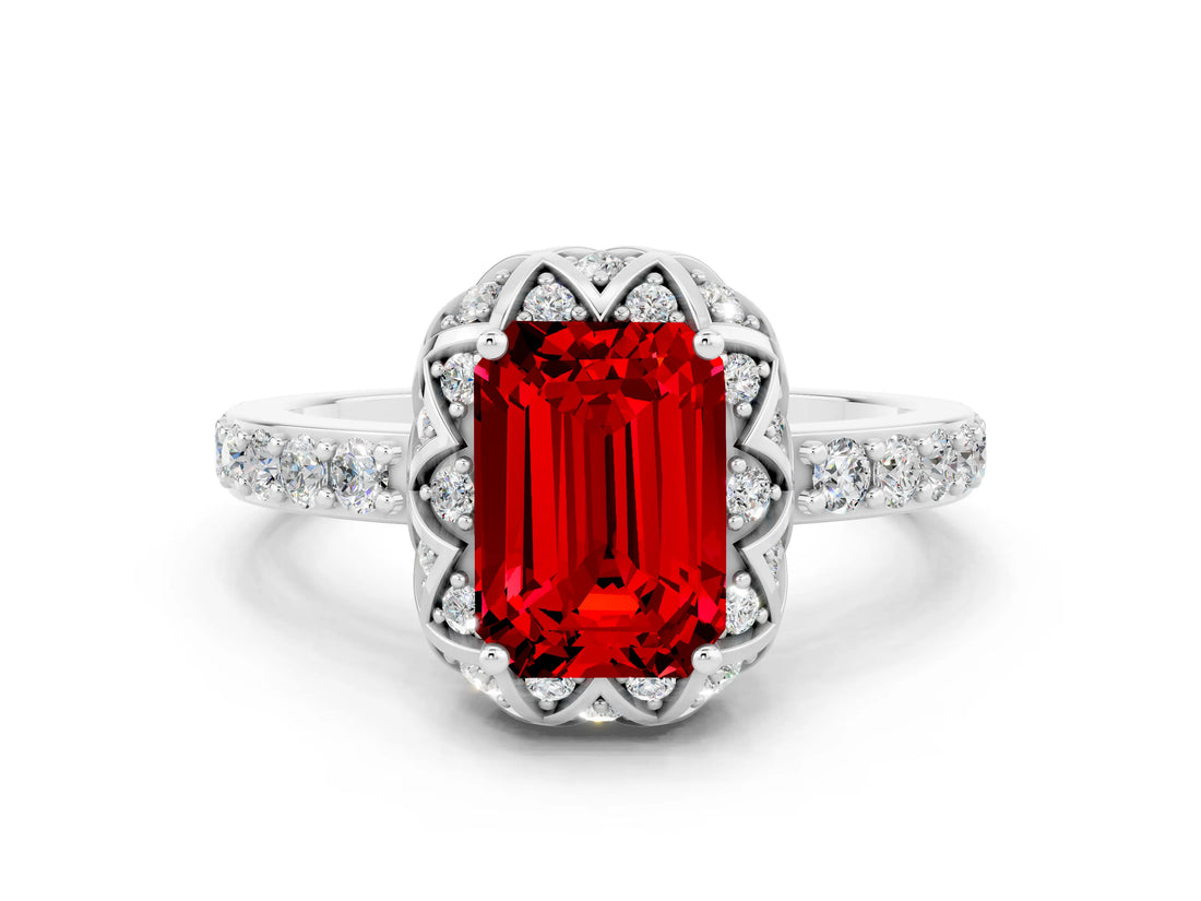 White gold Emerald Cut Ruby Scalloped Halo Engagement Ring with Round Shared Prong Band_36