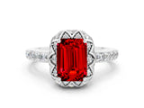 White gold Emerald Cut Ruby Scalloped Halo Engagement Ring with Round Shared Prong Band_36