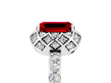 White gold Emerald Cut Ruby Scalloped Halo Engagement Ring with Round Shared Prong Band_41