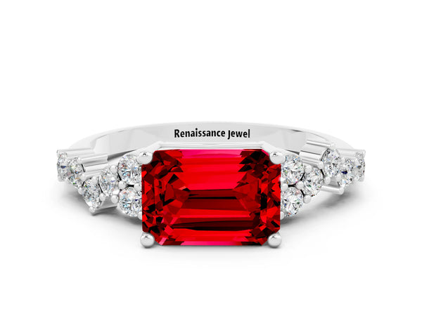 Platinum Emerald Cut Ruby Scattered Round Accent Ring with Prong Setting