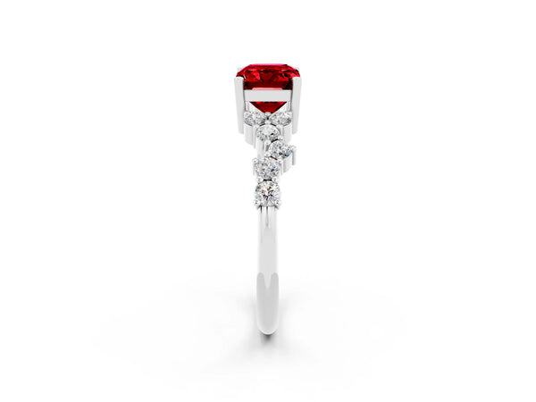 Platinum Emerald Cut Ruby Scattered Round Accent Ring with Prong Setting